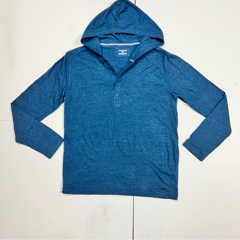 Express Men’s Blue Henley Shirt with Hood - Picture 2 of 8